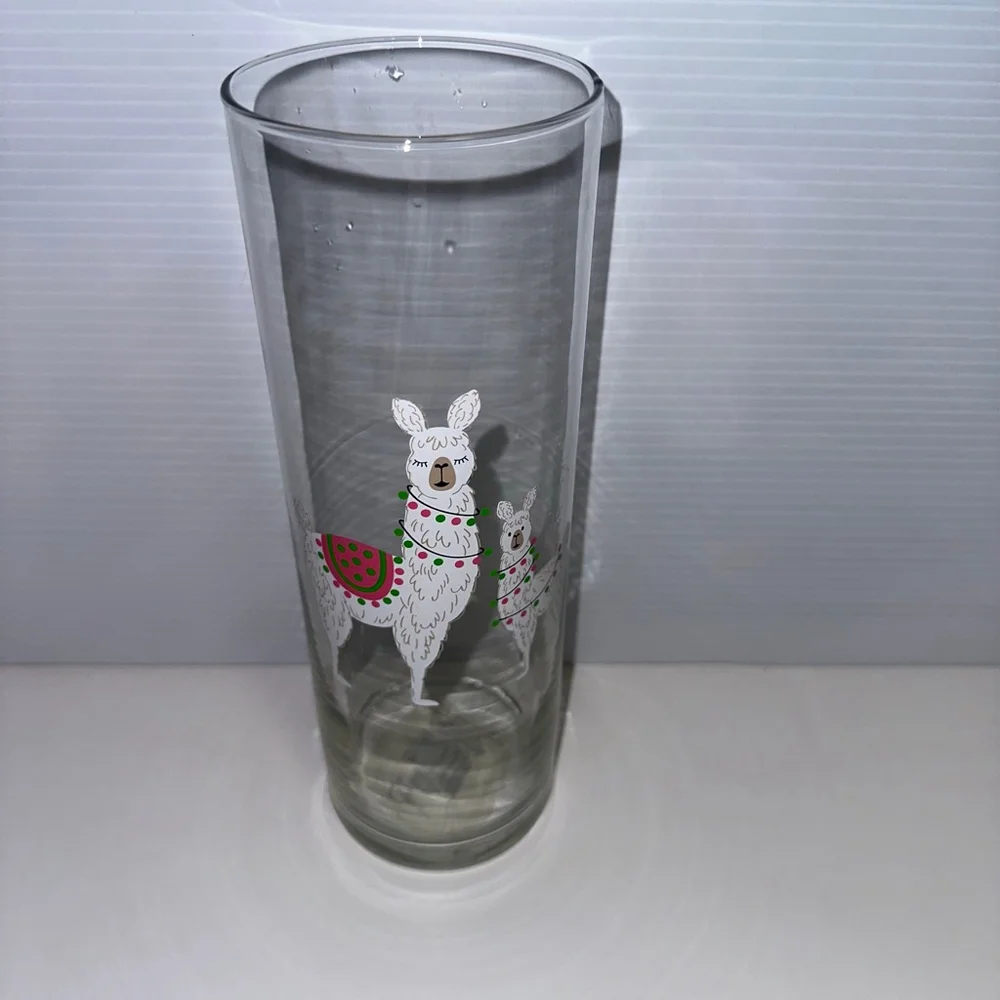 Mainstays Glass Vase Clear/Pink with Llamas Design 10 in